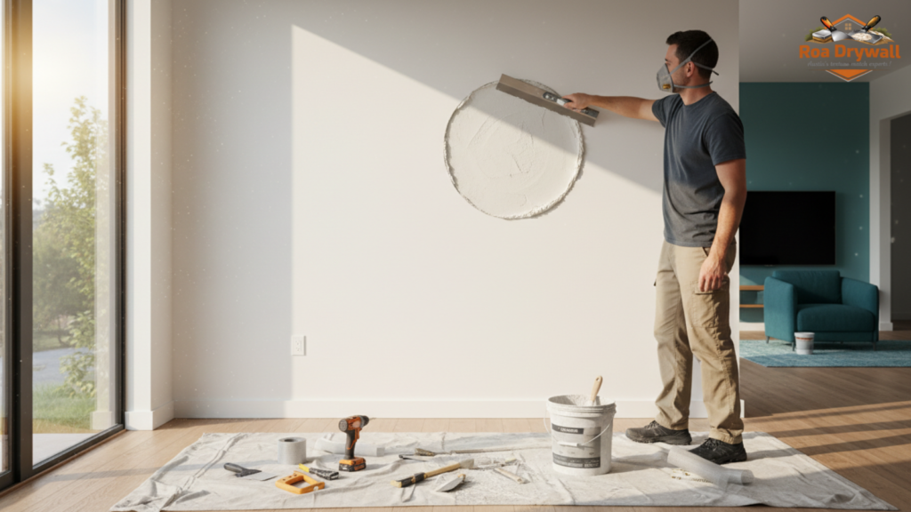 Person painting interior wall with roller applying fresh coat of paint
