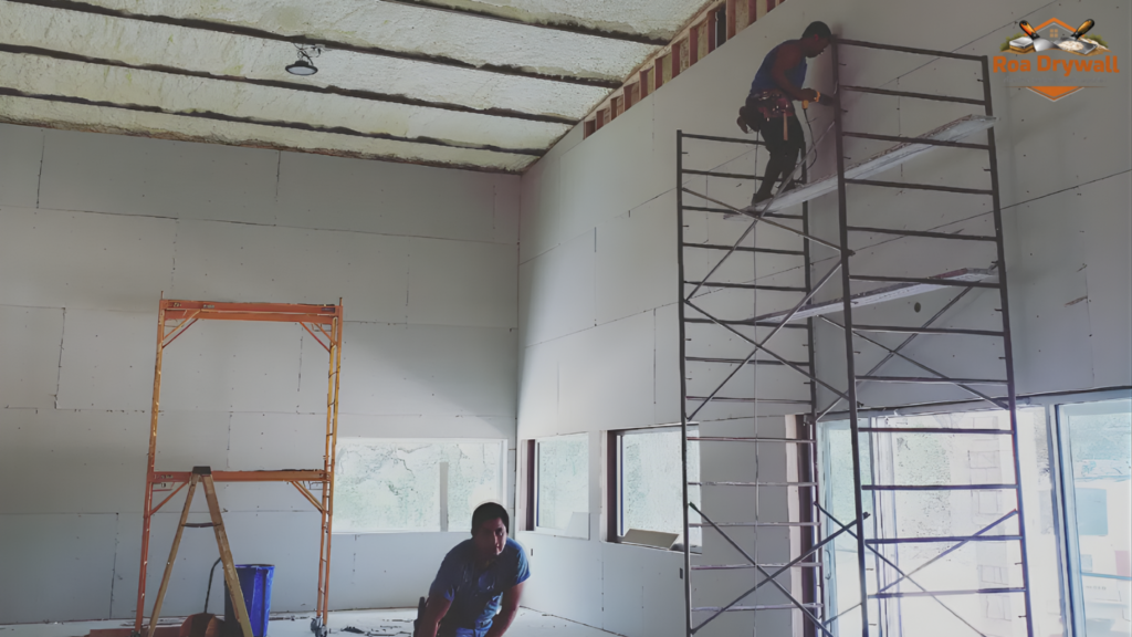 Drywall installation in progress inside a residential space, with workers using scaffolding and ladders to install wall panels and ceiling insulation, natural light coming through large windows, and Roa Drywall logo in the corner.