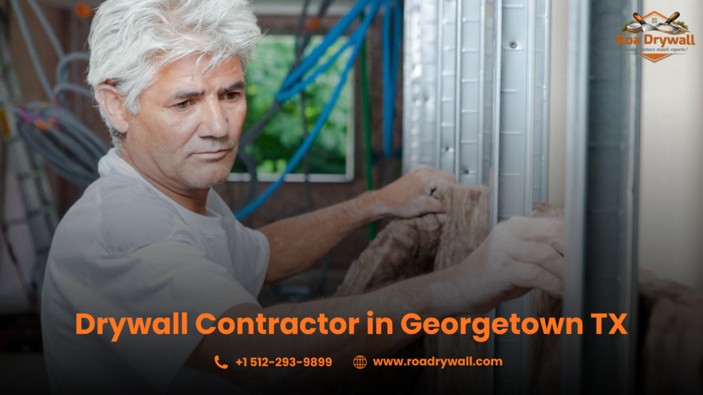 Professional drywall contractor installing insulation in metal framing for residential construction project in Georgetown TX. Roa Drywall providing drywall installation, repair, finishing, and remodeling services.