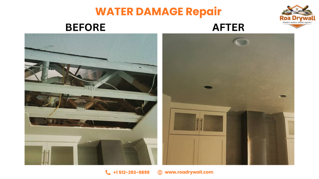 Water damage repair before and after comparison: the “before” image shows a kitchen ceiling with a large section of drywall removed, exposing wooden beams, pipes, and wiring due to water damage; the “after” image shows the ceiling fully repaired with a smooth textured finish, recessed lighting restored, and kitchen cabinets and fixtures neatly in place. Roa Drywall branding and contact details are displayed.