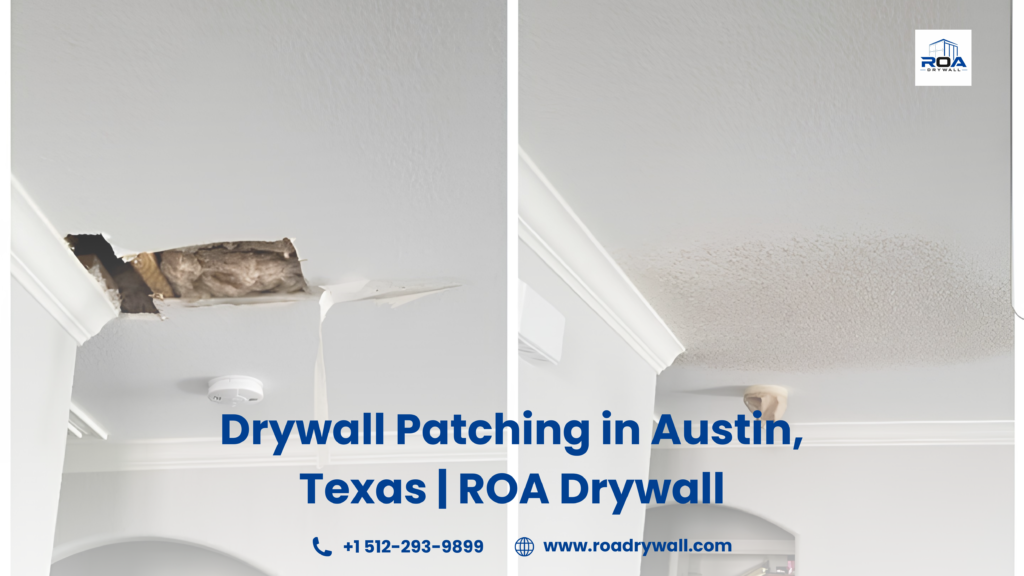 Before-and-after drywall ceiling patch repair in Austin, Texas, showing damaged drywall restored with seamless patching and professional ceiling texture matching by ROA Drywall.