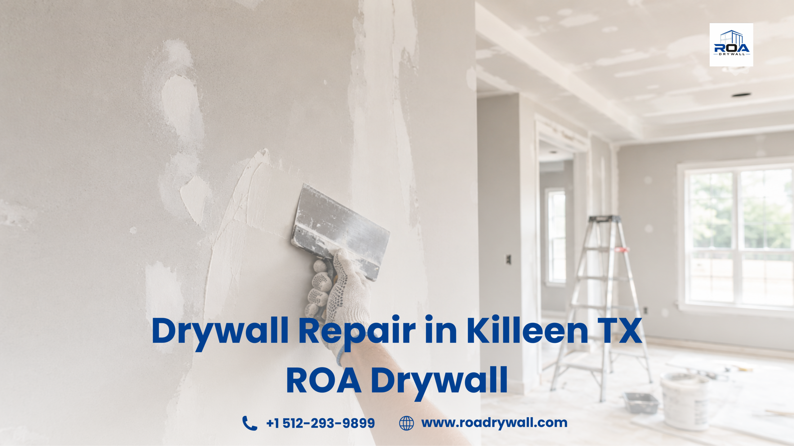 Professional drywall repair in progress inside a modern residential home, with a worker applying joint compound to a damaged wall using a taping knife. The bright interior features patched walls, unfinished ceilings, renovation tools, and a ladder, illustrating high-quality drywall repair and finishing services.